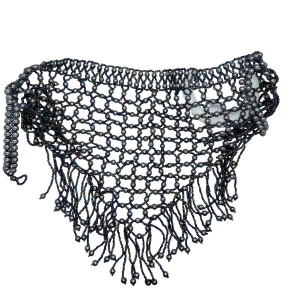 Gray pearls peacock beads mesh bib necklace - Picture 2 of 6